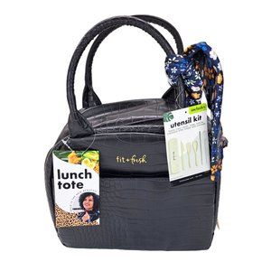 Fit & Fresh Lunch Bag Travel Utensils Lyon Luxe Black Insulated Faux Croc Pocket